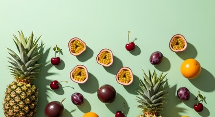 Vibrant Summer Fruit Flat Lay: Pineapples, Passion Fruits, Cherries, Plums & Oranges