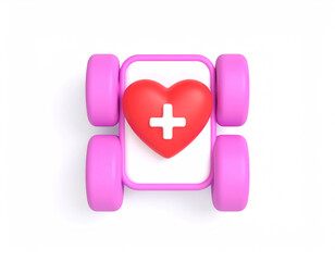 A symbol of care and fitness with a vibrant red heart white cross in a pink frame isolated on white