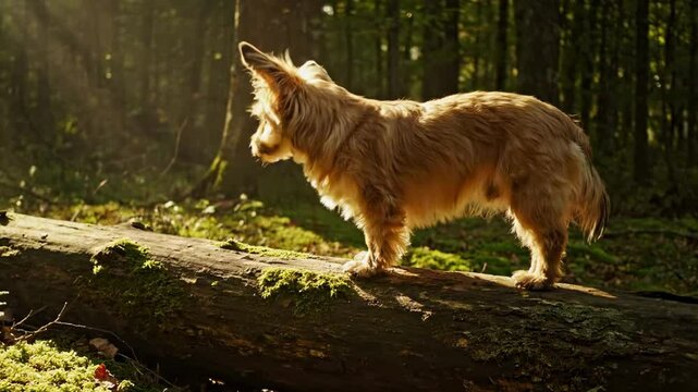 morkie dog - A small, fluffy dog stands confidently on a fallen log in a sunlit forest, surrounded by vibrant greenery and soft sunlight filtering through the trees, creating a serene atmosphere