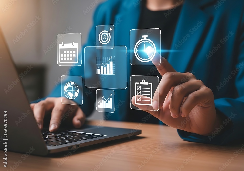 Aufkleber business professional interacting with digital icons representing goals progress and data analysis o