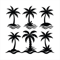 Fototapeta premium Six Stylized Black Silhouette Icons of Palm Trees on Islands in Wavy Water Set Against a White Background