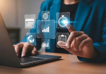 Business professional interacting with digital icons representing goals progress and data analysis on a virtual interface