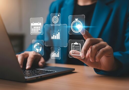 Business professional interacting with digital icons representing goals progress and data analysis on a virtual interface - Powered by Adobe