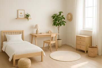 Minimalist bedroom interior design with wooden bed furniture white bedding and home accessories empty wall mockup for art gallery prints or bedroom advertising
