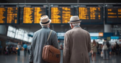 Fototapeta premium Elderly men looking at flight information board in airport terminal 