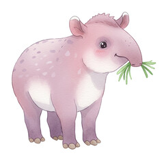 Naklejka premium Tapir's Tender Moment: A charming watercolor illustration depicts a tapir, peacefully munching on grass, exuding gentle affection with a playful demeanor and captivating artistic charm.