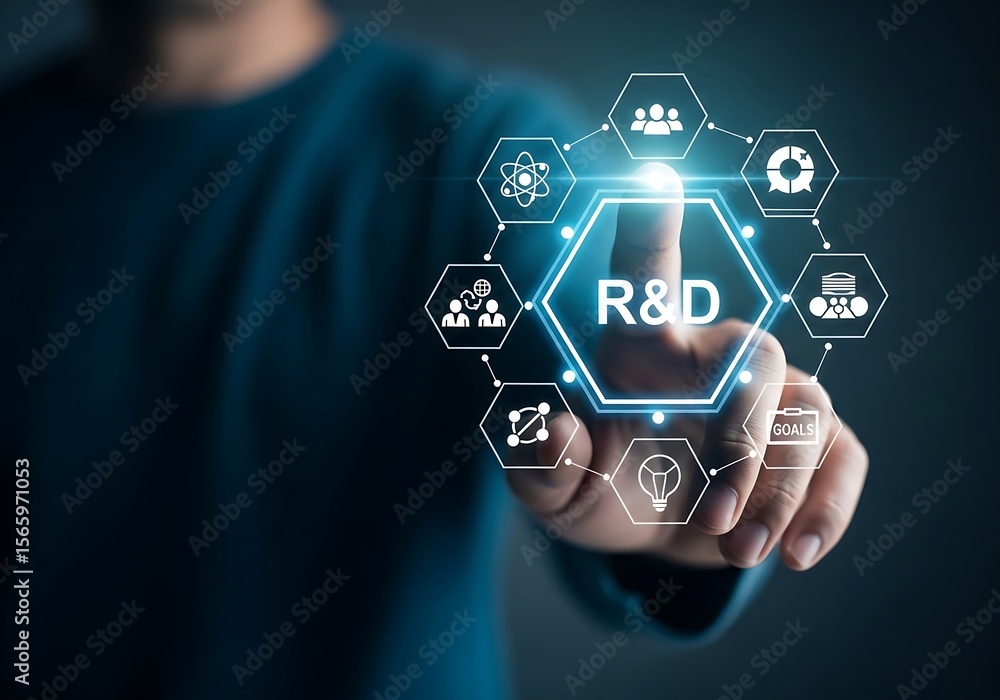 Aufkleber man s finger interacting with a digital network of innovation and research and development icons