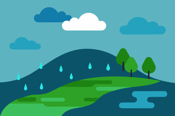 Fototapeta premium Natural landscape illustration with green trees, blue sky, clouds, and mountains