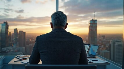 Gray haired businessman in gray suit sits at desk with two laptops showing data charts overlooking a sunset over a cityscape. Tall buildings and a dynamic cloudy sky fill the background, bathed in - Powered by Adobe
