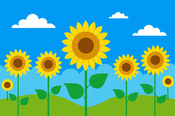 A Vibrant field of sunflowers under a bright blue sky with fluffy clouds