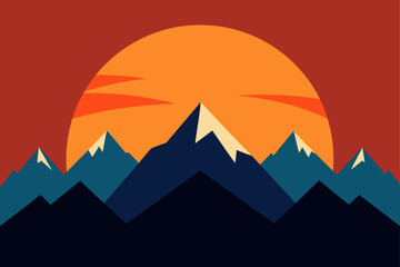 Majestic mountain range silhouetted against a vibrant sunset, creating a breathtaking scenic vista. The mountains are layered with a touch of snow, with a huge golden sun