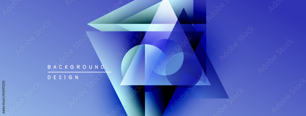 Poster abstract geometric shapes overlap, creating vibrant blue gradient effect. modern design elements sug
