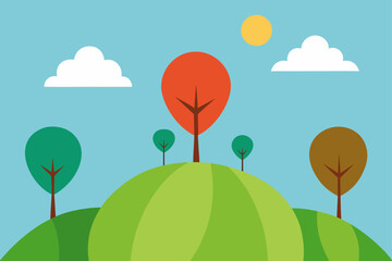 Colorful trees and rolling hills under a sunny sky, an illustrated nature scene with simple, yet captivating forms