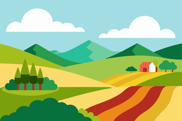 Obraz premium Serene Countryside Landscape Rolling Hills, Farm, and Majestic Mountains