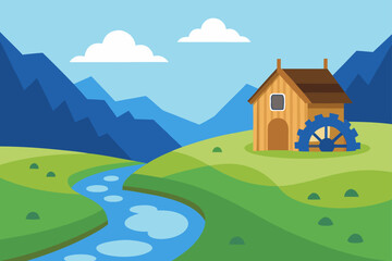 Serene Mountain Mill Picturesque Landscape with River and Watermill