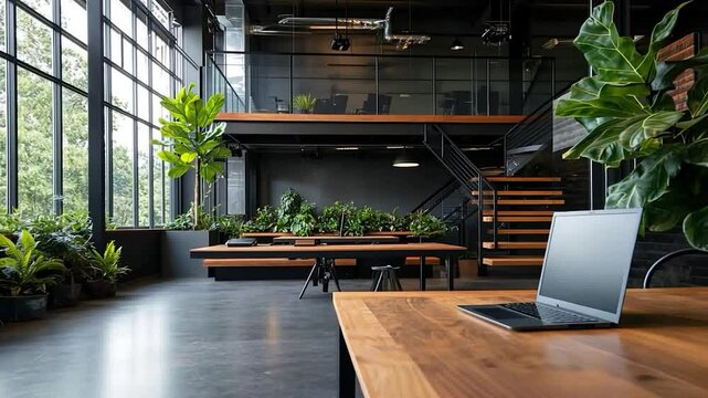 This shot captures a bright, open office space with a laptop on a desk in the foreground. The room features large windows, greenery, and a mezzanine level, conveying a modern and eco-friendly