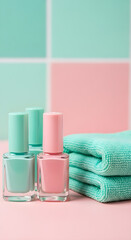 Pastel nail polish bottles displayed with soft turquoise towels set against a pink and mint tile background