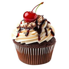 chocolate cupcake with cherry isolated on transparent background, clipping path, png file, 