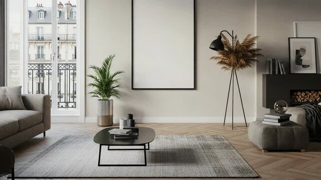 Living Room Interior with Blank Poster Frame Gray Sofa Fireplace and Paris View from the Balcony in Minimalist Modern Style