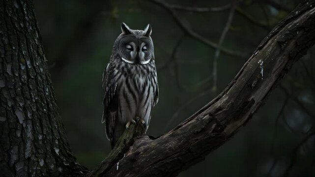 Long Eared Owl Perched on Tree Branch with a Forest Background in Shaded Lighting