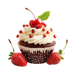 chocolate cake with cherry isolated on transparent background, clipping path, png file, 
