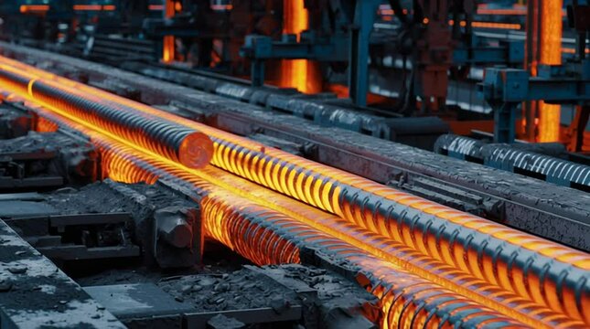 Massive steel bar production line in deep gray and orange tones, showing heated billets rolling into ribbed rebar.,

