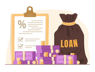 Obraz premium Stack of Cash Money Bundle and Money Bag with Loan Agreement Document for Bank Loan Concept Illustration