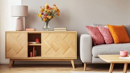 Warm living room setting featuring a sofa, wooden sideboard, lamp, and floral arrangement