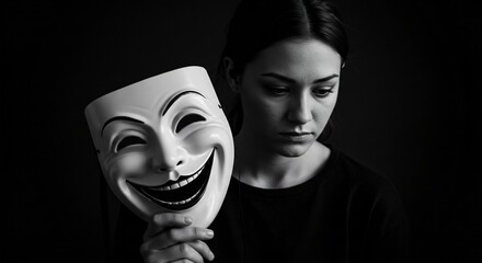 A black and white image showing a woman with a somber expression holding a smiling mask in front of her.