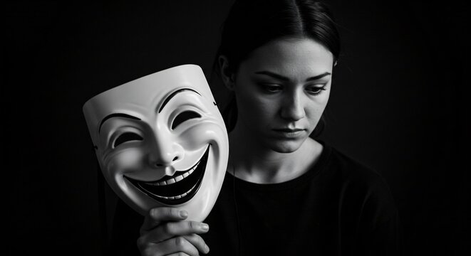 A black and white image showing a woman with a somber expression holding a smiling mask in front of her.