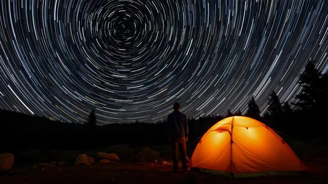 Man Gazing at Star Trails Above Orange Tent in Night Mountain Landscape Dark Sky and Night Photography