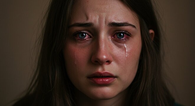 A close-up of a woman's face, her eyes red and filled with tears, conveying deep sadness and vulnerability. 
