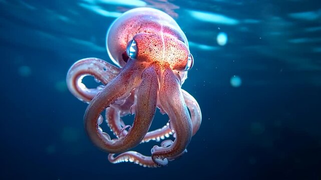 A captivating shot features a pink and beige octopus with striking blue eyes, gracefully swimming in the ocean. The lighting accentuates its unique texture against the blue background, creating a