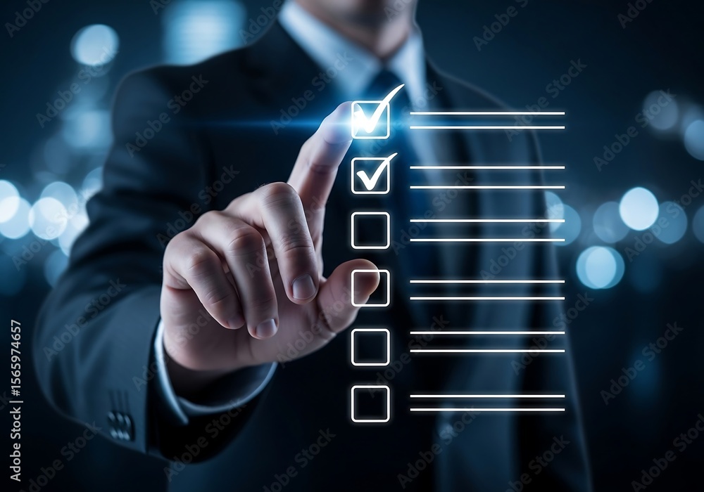 Poster businessman s finger touching a digital checklist with two items already marked as complete on a fut