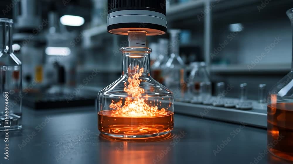 Poster close up of science glass flask with orange liquid inside under experiment machine in laboratory wit