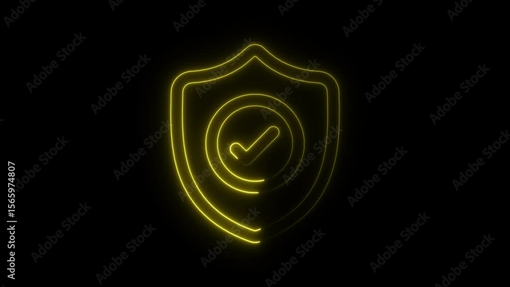 Poster glowing neon shield with checkmark symbolizing security protection and verification against dark