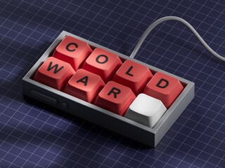 Cold war word cloud concept. Collage made of words about cold war. Copy space.3D rendering on blue background. Computer keyboard keys.