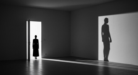 A high-contrast black and white image features a silhouetted figure standing in a brightly lit doorway within a dark, empty room.