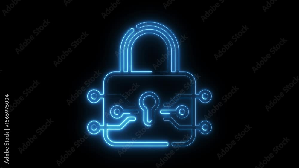 Poster animated neon cyber security lock digital encryption concept illustrating data protection and
