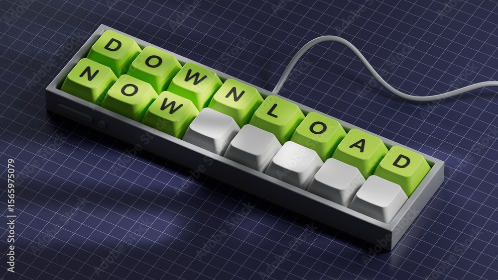 Poster download now - word concept. minimalist abstract design with close up of computer keyboard keys,3d r