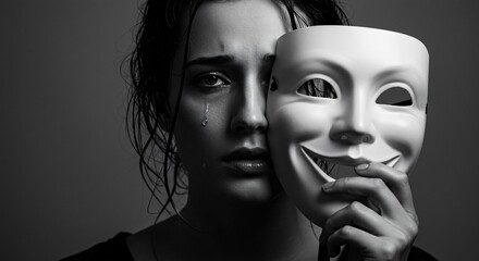 A woman's tear-streaked face, filled with deep sadness, is juxtaposed with a smiling mask held over half of her face.