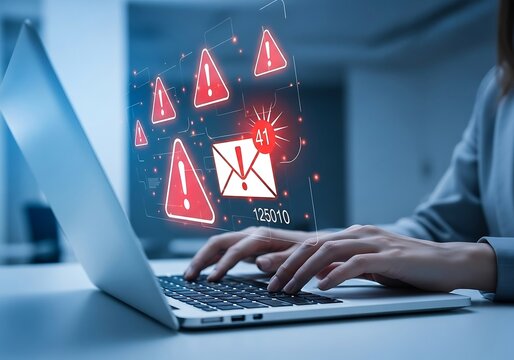 Person typing on a laptop with multiple red warning signs and an email notification with a high count of unread messages