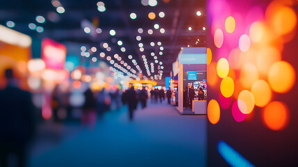 Bustling trade show floor filled with colorful booths, engaged attendees, and bright lighting, capturing the energetic and vibrant atmosphere of a dynamic business expo event.