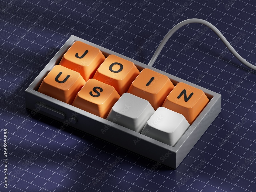 Poster join us word on computer keyboard keys on wood table. copy space.3d rendering on blue background.