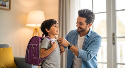 Happy Father Helping His Son Get Ready for School with a Purple Backpack