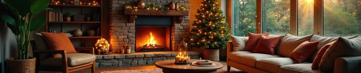Cozy Fireplace Living Room Warm Lighting, Comfortable Furniture, Inviting Atmosphere Perfect for Relaxation and Quality Time at Home