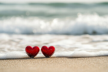 Fototapeta premium A close-up captures two shiny red heart-shaped objects resting on wet sand, with foamy ocean waves gently washing ashore in the background.
