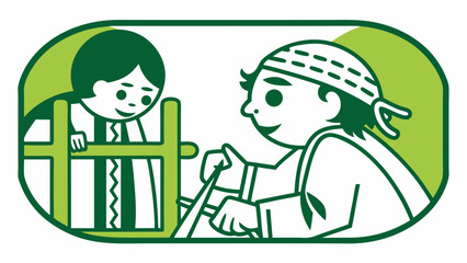 Naklejka premium Child smiling at man working with wood in playful outdoor setting 