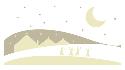 Obraz premium People dancing under the moonlight near simple houses at night 