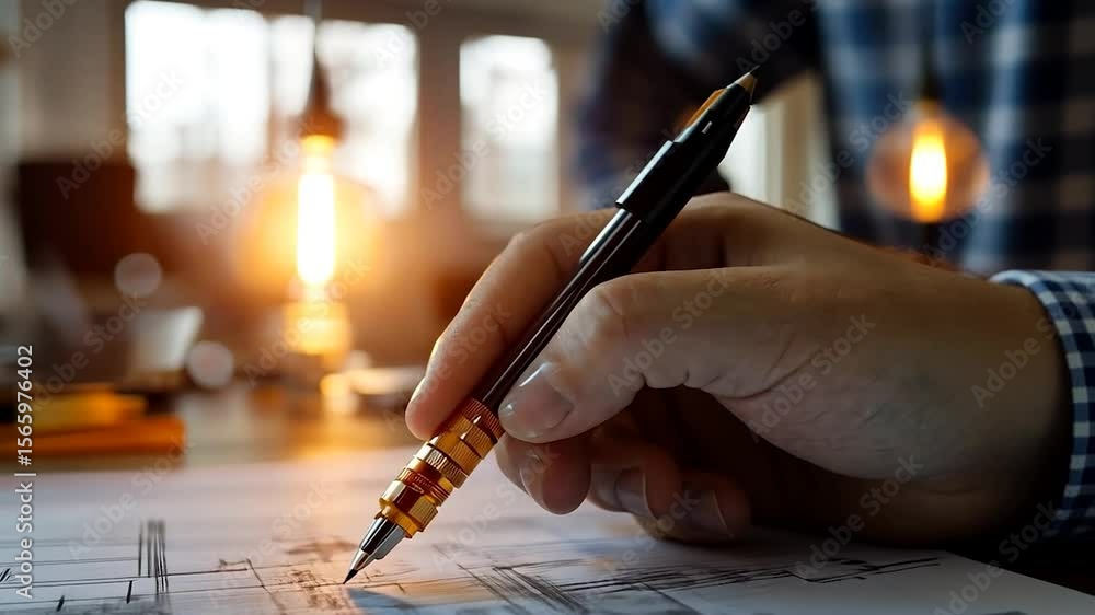 Poster close up shot features a hand using a mechanical pencil to sketch architectural plans on white paper